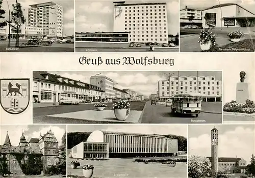 AK / Ansichtskarte  Wolfsburg Porschestr Rathaus Delphin Palast Schloss Stadthalle Christuskirche