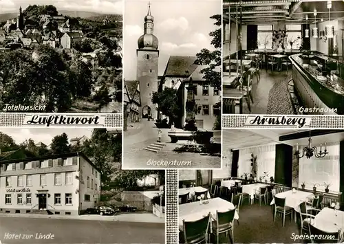 AK / Ansichtskarte 73908812 Arnsberg__Westfalen Total Glockenturm Gastraum Hotel zur Linde Speiseraum