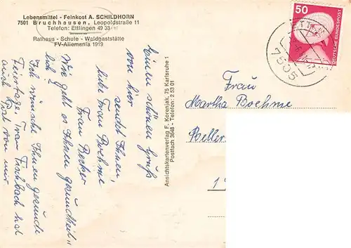 AK / Ansichtskarte 73909242 Bruchhausen_Ettlingen Rathaus Schule Waldgaststaette FV Allemania 1919