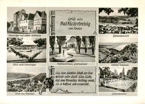 AK / Ansichtskarte 73909326 Bad_Niederbreisig Rheinufer mit altem Zollhaus Blick nach Koenningen Rheintal Gesamtansicht Schloss Rheineck Heilbaederhaus Geiersprudel Schwimmbad