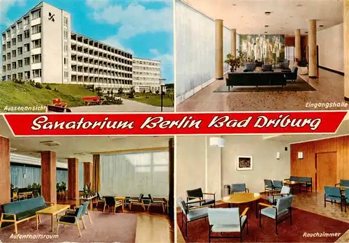 AK / Ansichtskarte 73909376 Bad_Driburg Sanatorium Berlin Aussenansicht Eingangshalle Aufenthaltsraum Rauchzimmer