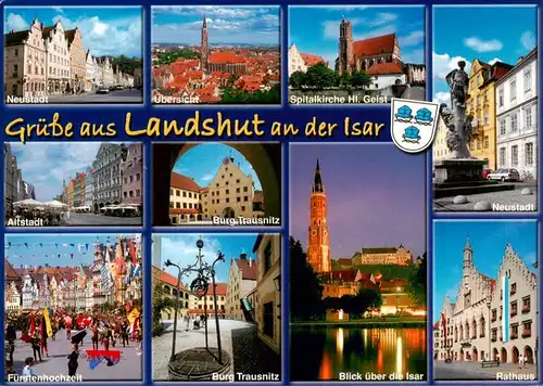 AK / Ansichtskarte  Landshut__Isar Neustadt uebersicht Spitalkirche Hl Geist Altstadt Burg Trausnitz Fuerstenhochzeit Isarpartie Rathaus