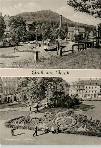 AK / Ansichtskarte  Goerlitz__Sachsen Landeskrone mit Endstation Biesnitz Blumenuhr am Stadttheater