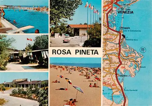 AK / Ansichtskarte 73909660 Rosa_Pineta_Rosapineta_Rosolina_Mare_Rovigo_IT Villagio Turistico Rosapineta Teilansichten Strand Freibad Gebietskarte