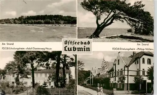 AK / Ansichtskarte 73909789 Lubmin_Ostseebad Strand FDGB Erholungsheime Adolf Diesterweg Haus und Philipp Mueller Am Strand