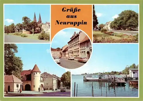 AK / Ansichtskarte  Neuruppin_Neu-Ruppin Klosterkirche Karl Marx Strasse Bahnhof Rheinsberger Tor Rathaus in der Wichmannstrasse Bootsverleih und Schiffsanlegestelle am Ruppiner See