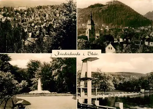 AK / Ansichtskarte  Friedrichroda Panorama Stadtansicht Parkfontaene Freibad Sprungturm