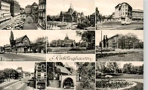 AK / Ansichtskarte 73909912 Recklinghausen__Westfalen Markt Saalbau Lohtor Rathaus Rathausanlage Engelsburg Ecke Herner Strasse und Koenigswall Stadthaus Stadtgarten