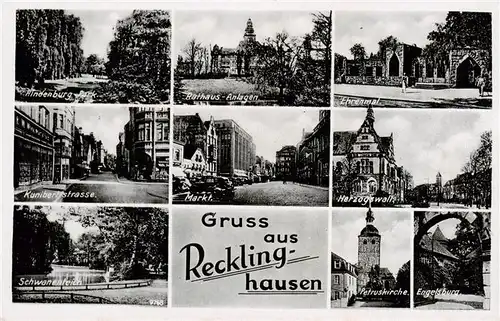 AK / Ansichtskarte 73909914 Recklinghausen__Westfalen Hindenburgpark Rathaus Anlagen Ehrenmal Kunibertstrasse Markt Herzogswall Schwanenteich Petruskirche Engelsburg