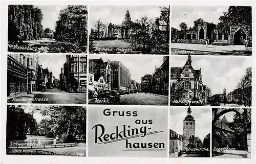 AK / Ansichtskarte  Recklinghausen__Westfalen Hindenburgpark Rathaus Anlagen Ehrenmal Kunibertstrasse Markt Herzogswall Schwanenteich Petruskirche Engelsburg