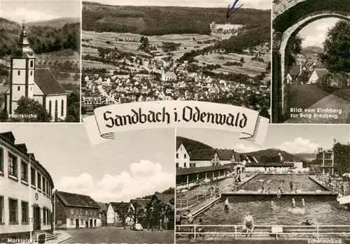 AK / Ansichtskarte 73909968 Sandbach__Odenwald Pfarrkirche Panorama Blick vom Kirchberg Marktplatz Schwimmbad