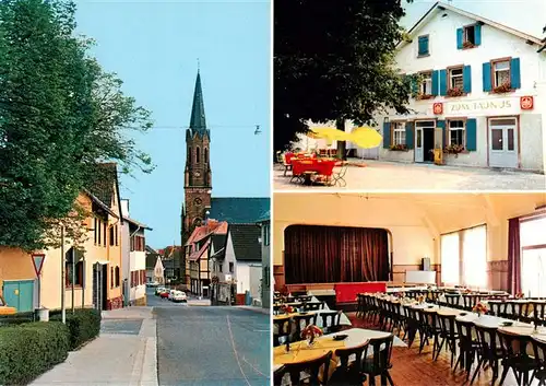 AK / Ansichtskarte 73909978 Friedrichsdorf__Taunus Gasthaus zum Taunus Gastraum Strassenpartie mit Kirche