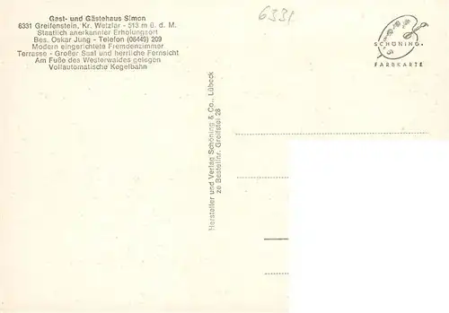 AK / Ansichtskarte  Greifenstein_Wetzlar_Hessen Ruine Gast und Gaestehaus Simon Gastraum Bar Wappen