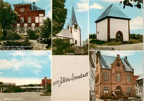 AK / Ansichtskarte 73909997 Klein-Umstadt_Gross-Umstadt Anlage mit Springbrunnen Alte Schule Kirche Wendelinuskapelle Mittelpunktschule Rathaus