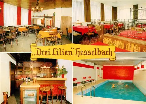 AK / Ansichtskarte 73910026 Hesselbach_Odenwald Gasthaus Pension Drei Lilien mit Hallenbad Gastraeume Bar
