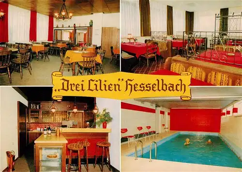 AK / Ansichtskarte 73910027 Hesselbach_Odenwald Gasthaus Pension Drei Lilien mit Hallenbad Gastraeume Bar