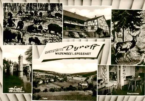 AK / Ansichtskarte  Wildensee_Unterfranken_Spessart_Eschau Gaststaette Dyroff Wildfuetterung Hirsch Maerchenschloss Panorama Gastzimmer