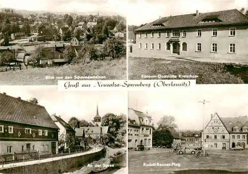 AK / Ansichtskarte 73910307 Neusalza-Spremberg Blick von den Schmiedesteinen Konsum Gaststaette Krescham Spreepartie Rudolf Renner Platz