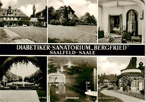 AK / Ansichtskarte 73910388 Saalfeld_Saale Diabetiker Sanatorium Bergfried Rotes Zimmer Park Schwimmbad Teehaeuschen