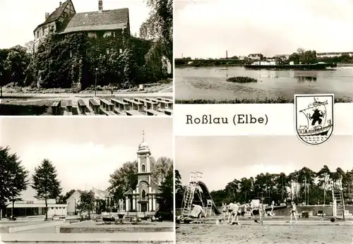 AK / Ansichtskarte  Rosslau_Elbe An der Burg Blick ueber die Elbe Schwimmbad Schillerplatz