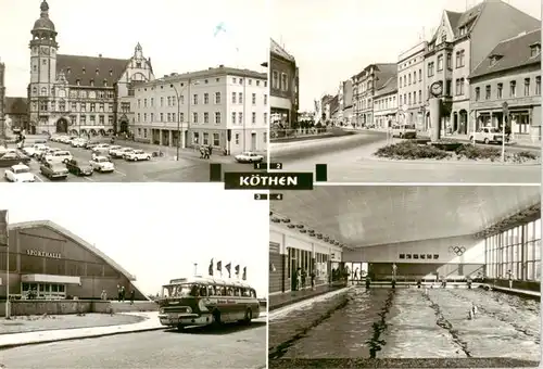 AK / Ansichtskarte 73910395 Koethen_Anhalt Marktplatz Rathaus Stadthaus Ernst Thaelmann Strasse Sporthalle 25 Jahrestag der DDR