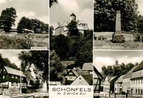 AK / Ansichtskarte 73910408 Schoenfels_Lichtentanne Am Zwirnteich Zwickauer Strasse Burgblick Alte Postsaeule 