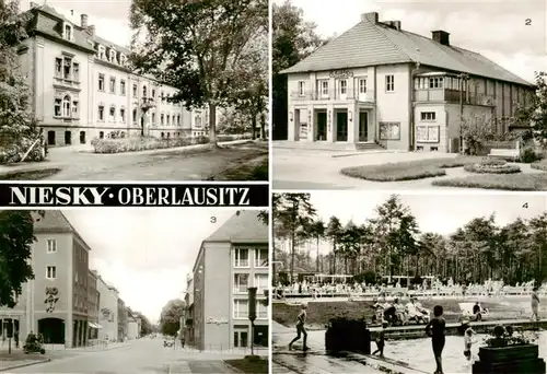 AK / Ansichtskarte  Niesky_Oberlausitz_Sachsen Krankenhaus Schauburg Lichtspiele Kino Schauburg Neubauten am Zinzendorfplatz Strasse der Befreiung Bad