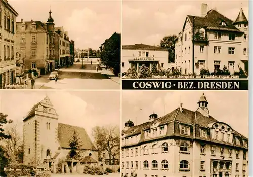 AK / Ansichtskarte 73910516 Coswig_Sachsen Bahnhofstrasse Stadtcafe und Lichtspiele am Friedrich Engels Platz Kirche aus dem jahr 1497 Kreisheim