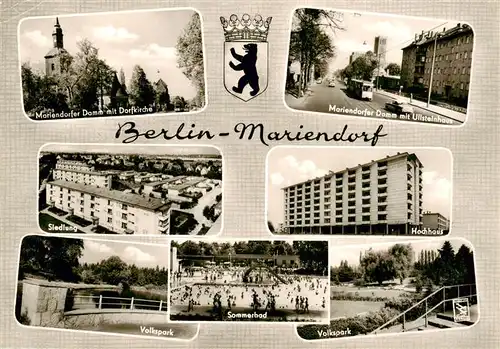 AK / Ansichtskarte 73910529 Mariendorf_Berlin Mariendorfer Damm mit Dorfkirche Ullsteinhaus Siedlung Hochhaus Volkspark Sommerbad