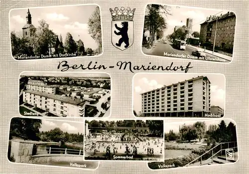 AK / Ansichtskarte  Mariendorf_Berlin Mariendorfer Damm mit Dorfkirche Ullsteinhaus Siedlung Hochhaus Volkspark Sommerbad