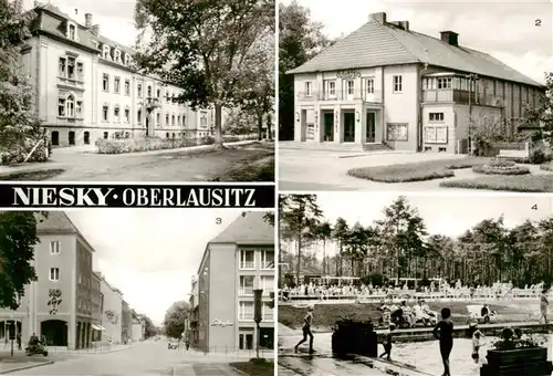 AK / Ansichtskarte  Niesky_Oberlausitz_Sachsen Krankenhaus Schauburg Lichtspiele Neubauten am Zinzendorfplatz Freibad