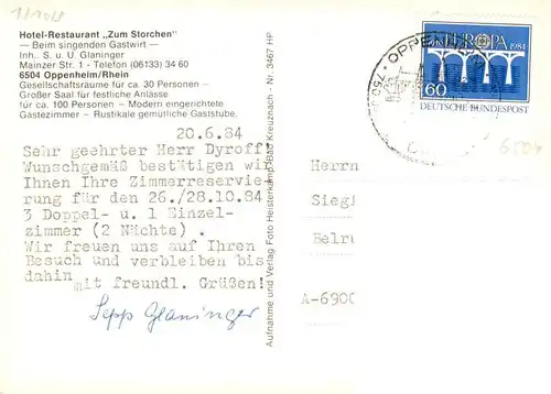 AK / Ansichtskarte  Oppenheim Gasthaus Hotel zum Storchen Gastraeume