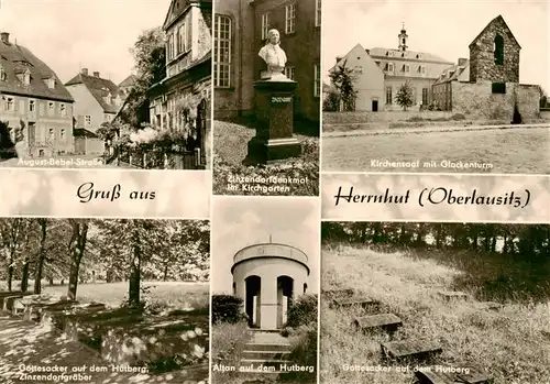 AK / Ansichtskarte  Herrnhut Aug Bebel Strasse Zinzendorfdenkmal im Kirchgarten Kirchensaal mit Glockenturm Gottesacker auf dem Hutberg Altan auf dem Hutberg 