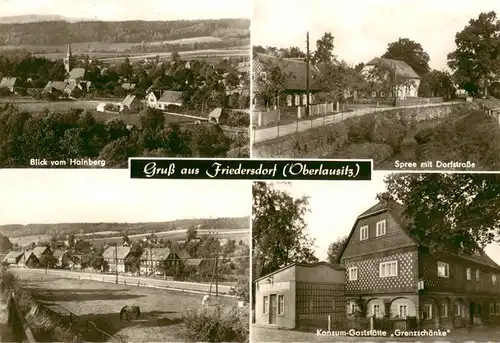 AK / Ansichtskarte  Friedersdorf_Niederlausitz Blick vom Hainberg Spree mit Dorfstrasse Konsum Gaststaette Grenzschaenke