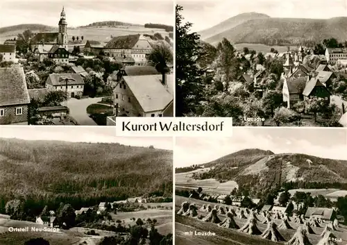AK / Ansichtskarte 73911127 Waltersdorf_Zittau Ortsansicht mit Kirche Blick zur Lausche OT Neu-Sorge Landschaftspanorama Felder