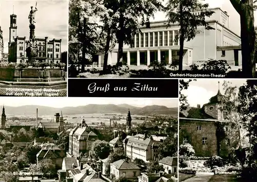 AK / Ansichtskarte 73911146 Zittau Brunnen Rathaus Platz der Jugend Gerhart-Hauptmann-Theater Stadtpanorama Blumenuhr