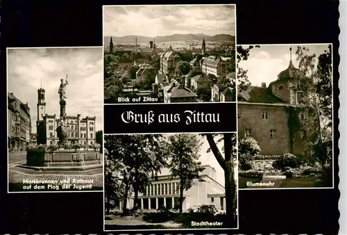 AK / Ansichtskarte  Zittau Brunnen Rathaus Platz der Jugend Stadtpanorama Stadttheater Blumenuhr