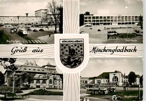 AK / Ansichtskarte 73911174 Moenchengladbach Haus Westland Stadttheater Kaiser-Friedrich-Halle Hauptbahnhof Wappen