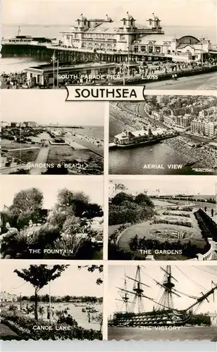 AK / Ansichtskarte 73911195 Southsea_Portsmouth_UK South Parade Pier Gardens and Beach Aerial View The Fountain
