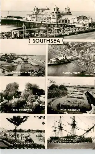 AK / Ansichtskarte  Southsea_Portsmouth_UK South Parade Pier Gardens and Beach Aerial View The Fountain