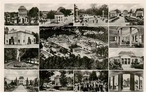 AK / Ansichtskarte 73911218 Franzensbad_Boehmen_Frantiskovy_Lazne_CZ Adolf Hitler Platz Franzensquelle Kurhaus Salzquelle Konrad Henlein Zeile Franzensbad Badehaus IV Kursaal Kurpark Kolonnade Glauberquellenhalle Innenansicht Nataliequelle