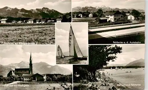 AK / Ansichtskarte  Feldwies_uebersee_Chiemsee Kampenwand Autoahn Segleboote Obersee mit Hochgern Badestrand