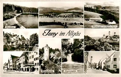 AK / Ansichtskarte  Isny_Allgaeu Waldbad Panorama Schletteralpe mit Allgaeuer Alpen Rathaus Diebsturm Argentobelfaelle Gasthof zum Roessle