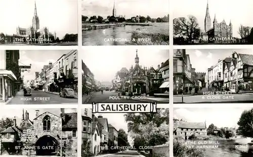 AK / Ansichtskarte 73911521 Salisbury___Wiltshire_UK Cathedral River High Street Poultry Cross Close Gate St Annes Gate The Cathedral Close The Old Mill at Harnham