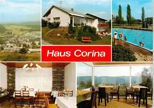 AK / Ansichtskarte 73911573 Schoenbach_Dillkreis Panorama Haus Corina Schwimmbad Gastraeume