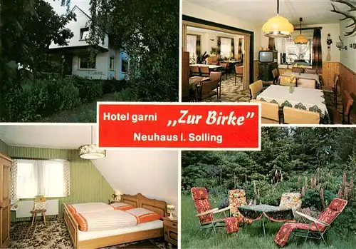 AK / Ansichtskarte 73911730 Neuhaus_Solling Hotel garni Zur Birke Gaststube Zimmer Garten Liegewiese