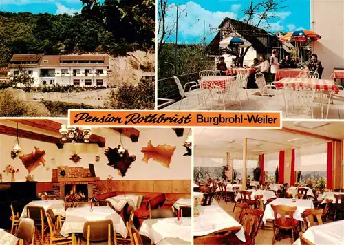 AK / Ansichtskarte  Weiler_Burgbrohl Pension Rothbrust Terrasse Gastraum Kaminzimmer