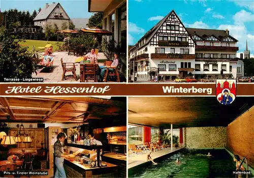 AK / Ansichtskarte  Winterberg_Hochsauerland Hotel Hessenhof Terrasse Liegewiese Pils und Tiroler Weinstube Hallenbad