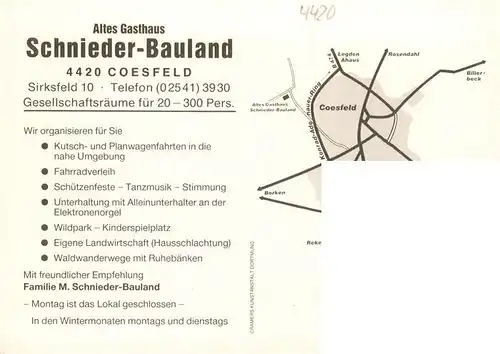 AK / Ansichtskarte 73912249 Coesfeld Altes Gasthaus Schnieder Bauland Kaminzimmer Wildfuetterung Park