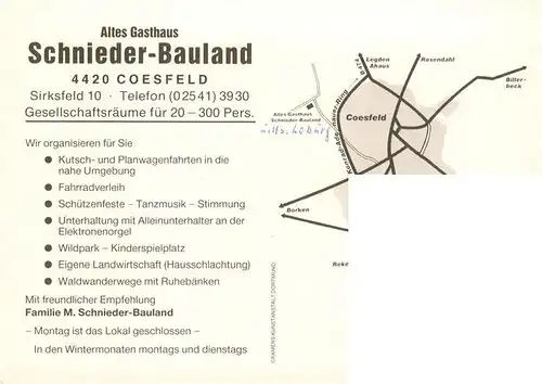 AK / Ansichtskarte  Coesfeld Altes Gasthaus Schnieder Bauland Kaminzimmer Wildfuetterung Park